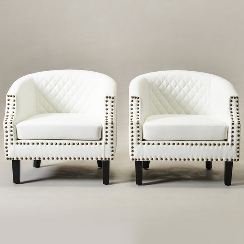 Louis Faux Leather Tufted Club Chair - White Accent Chair | Decorative Accent Chairs | Kinwell Furniture | Modern Club Chairs | Barrel Club Chair | Nailhead Trim Chair | Contemporary Faux Leather Chair | Elegant White Chair